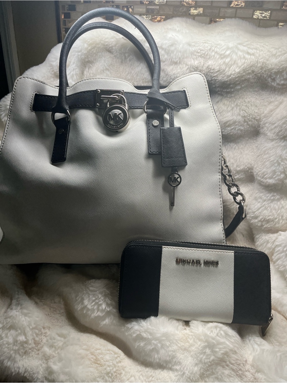 Michael Kors Black & White Saffiano Satchel with Matching Zip Wallet
